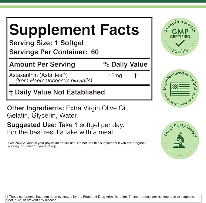 Astaxanthin - Triple Strength 12mg (Only Patented Astaxanthin (Astrareal) with 70+ Human Clinical Trials) Grown Harvested and Made in The USA (Astaxantina) by Double Wood
