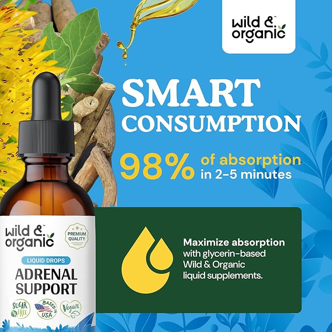 Wild &amp Organic Adrenal Support Supplements for Women &amp Men - Mood &amp Energy Support - Adrenal Complex Drops with Ashwagandha &amp Rhodiola Rosea Herb - Add to Tea - Vegan No Sugar &amp A