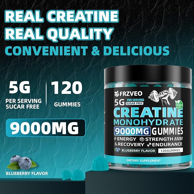 Creatine Monohydrate Gummies 9000mg for Men &amp Women Potent Creatine Supplement 5g Chewables Creatine Per Serving Pre-Workout Gummies for Enhanced Strength Energy &amp Muscle Growth - 120 Count