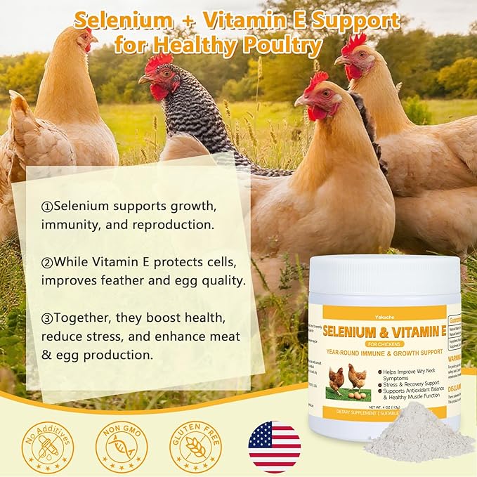 Selenium &amp Vitamin E Powder for Chickens | Poultry Nutrient Support Blend for Muscle Activity &amp Daily Balance | Feed Mix Additive for Chickens &amp All Poultry | 113g