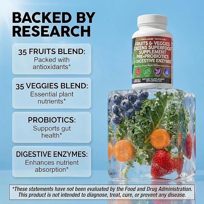 Clean Nutraceuticals Fruits and Veggies Supplement Reds &amp Green Superfood - Balance of Over 70 Fruit &amp Vegetable Supplements Capsules with Probiotics Prebiotics Digestive Enzymes - 120 Ct USA