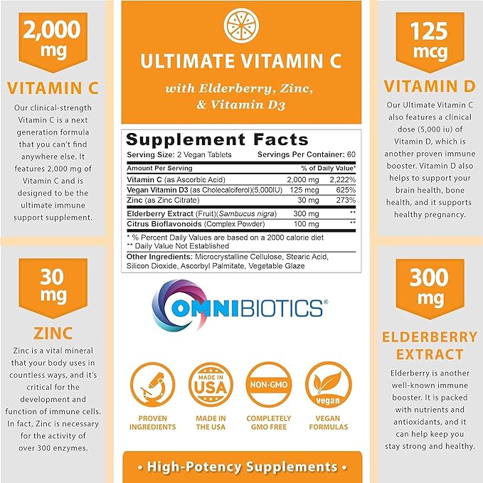 OmniBiotics Ultimate Vitamin C Supplement 2000mg – with Zinc Elderberry Extract and D3 – High Potency Immune Support &amp Collagen Booster – 120 Vegan Tablets