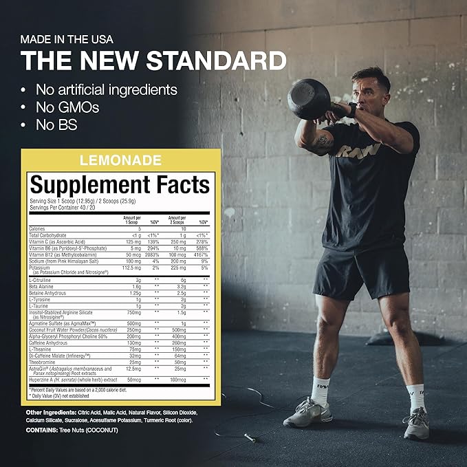 RAW Pre Workout Powder Thavage (Lemonade) - Chris Bumstead Sports Nutrition Supplement for Men &amp Women - Cbum Pre Workout for Working Out Hydration Mental Focus &amp Energy - 40 Servings