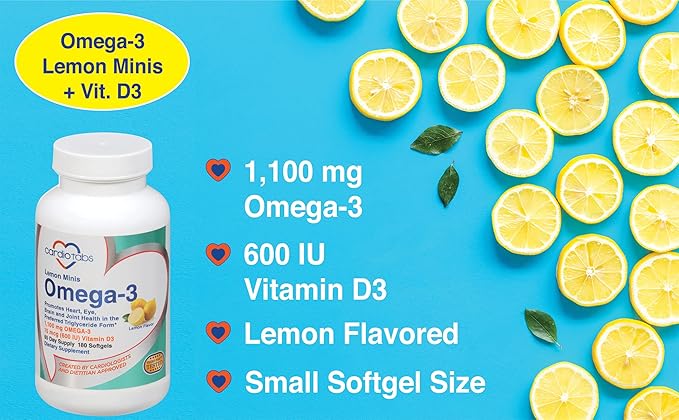 Omega 3 Lemon Minis + Vitamin D3 1100 mg Omega-3 in Triglyceride Form and 600 IU Vitamin D3 Easy-to-Swallow Fresh Lemon-Flavored Omega-3 Supplement Softgels - 180 Count