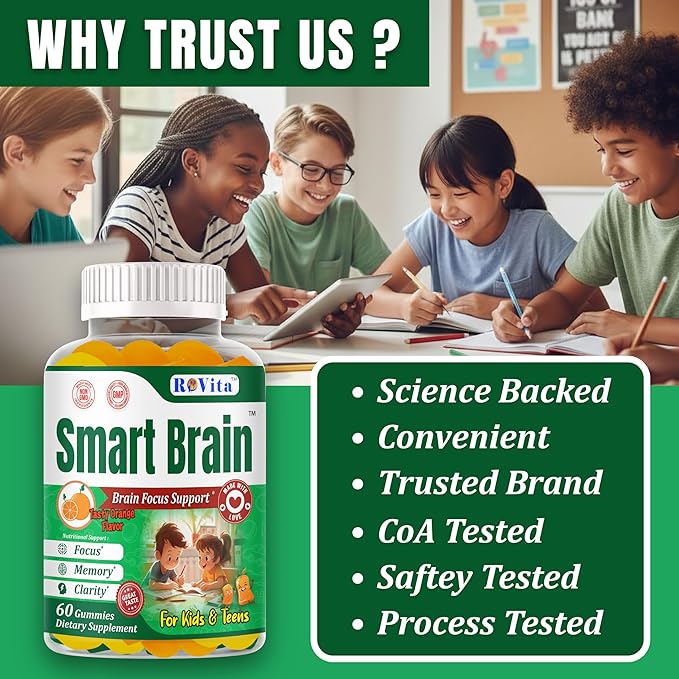 Smart Brain Kids Vitamin Gummies with Omega 3 DHA for Kids &amp Teens-Brain Support Focus Gummies for Kids - Omega 3 Brain Vitamins– Learning &amp Mental Clarity Support– 60 Gummies