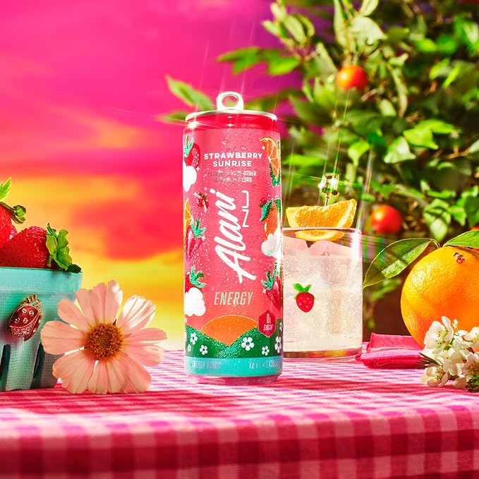 Alani Nu STRAWBERRY SUNRISE Sugar Free Low Calorie Energy Drinks 200mg Caffeine Biotin B Vitamins Zero Sugar 10 Calories 12 Fl Oz Cans 24 Pack