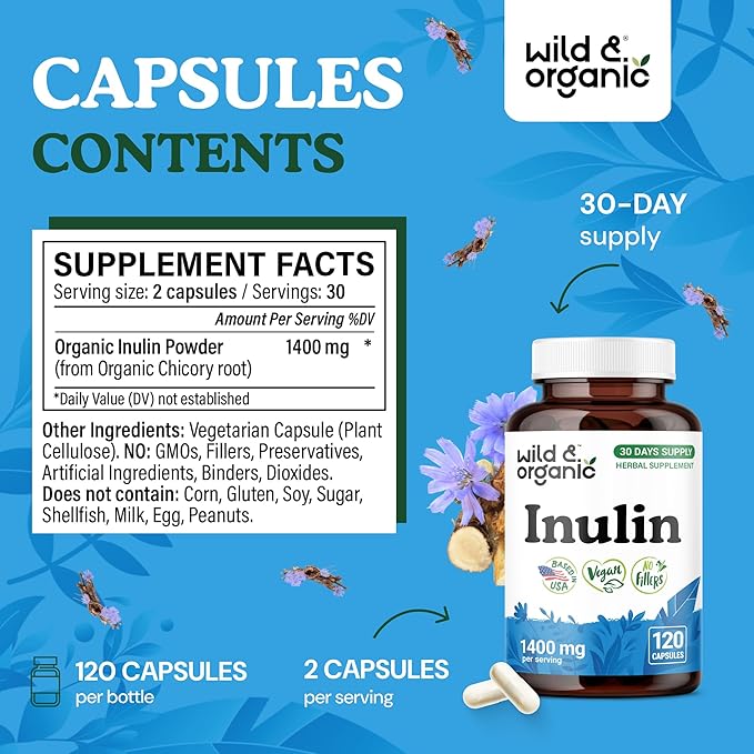 Wild &amp Organic Inulin Capsules 1400 mg - Digestive &amp Gut Support - Inulin Prebiotic Fiber Powder Supplement - Chicory Root Derived - Vegan No Fillers Non-GMO - 120 Count