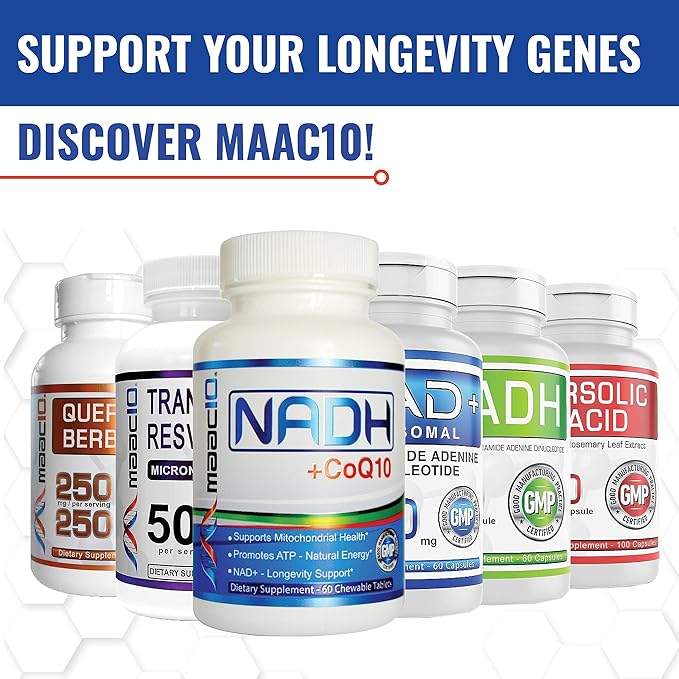 MAAC10 NADH + CoQ10 Chewable Tablets (3-Pack - 180 Tablets) | 50mg PANMOL® NADH + 100mg CoQ10 Supports Fatigue Energy and NAD+ Non-GMO Gluten Free Vegetarian (3 Month Supply)