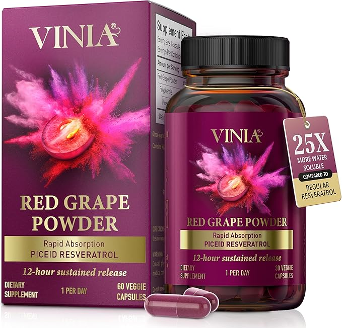 VINIA Piceid Resveratrol Supplement Capsules. Increases Blood Flow and Nitric Oxide. Blood Pressure and Heart Health Support | Antioxidant from Red Grapes | Non-GMO 60 Count