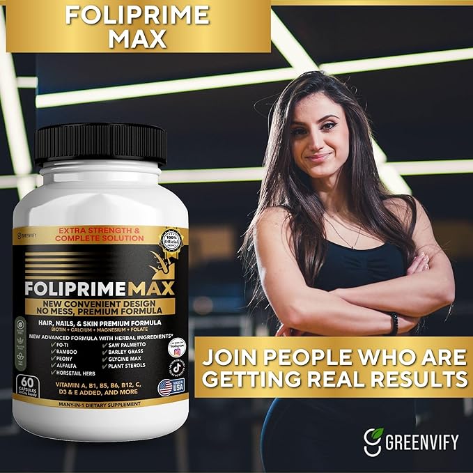Foliprime Max Hair Nails &amp Skin Supplement with Biotin Vitamins Minerals &amp Herbal Blend 60 Capsules (2)
