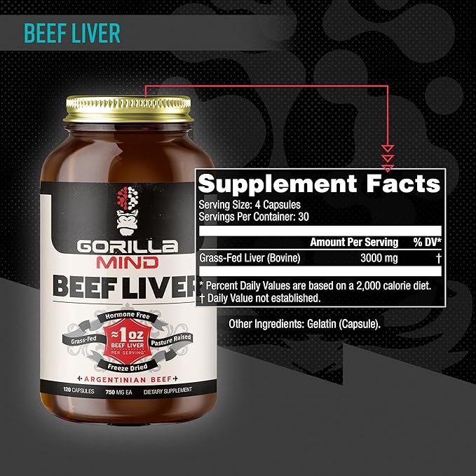 Gorilla Mind Grass-Fed Argentinian Beef Liver - Nature’s Multivitamin/Beef Liver Supplement in Freeze Dried Capsules/Pasture Raised/Hormone Free/1 Oz