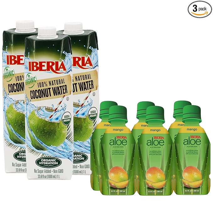 Iberia 100% Pure Organic Coconut Water 1 Liter 33.8 Fl Oz (Pack of 3) + Iberia Aloe Vera Juice Drink Mango 9.5 Fl Oz (Pack of 6)