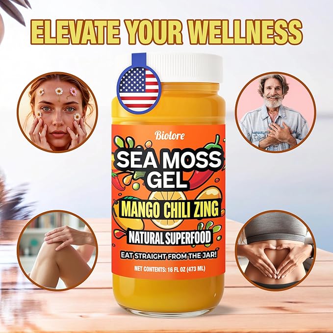 Biolore Mango Chili Zing Sea Moss Gel 16 oz - No Added Sugar Vegan Made in USA - Wildcrafted Sea Moss Superfood with 92 Essential Vitamins - Ready to Use No Prep Needed