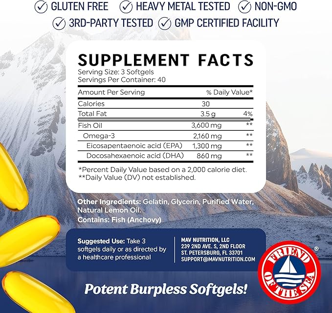 Triple Strength DHA Omega 3 Fish Oil 3600 mg | Over 2100mg Omega-3 Fatty Acids with 860mg of DHA | 1300mg EPA | Best Essential Fatty Acids | Premium Wild Caught &amp Burpless Fish Oil | 120 ct.