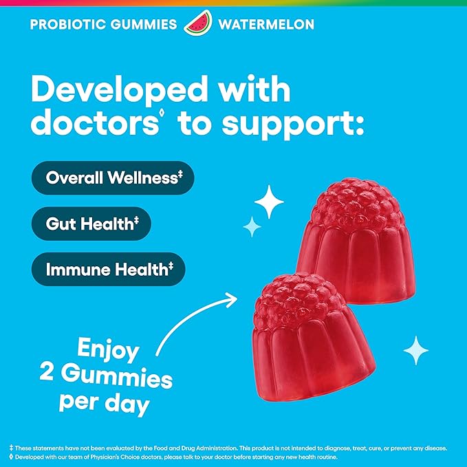 Physician’s Choice Probiotic Gummies with Vitamin D &amp Prebiotic Fiber - Sugar Free - 1B CFUs of Clinically Studied Probiotic - Supports Immune &amp Gut Health for Adults - Watermelon Flavor - 90C