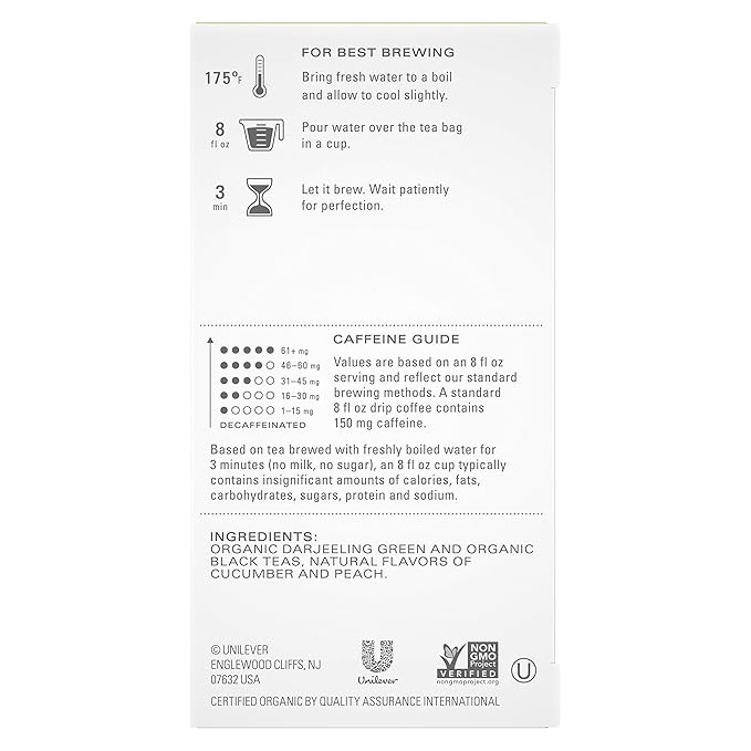 TAZO Organic Peachy Green Tea Bags Green &amp Black Tea Blend with Sweet Peach Flavor Caffeinated Tea 120 Total Bags (20ct - Pack of 6)