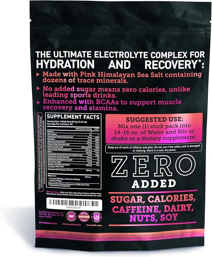 Enhanced Electrolyte Powder Stick Packs (Raspberry Guava | 20 Packets) w/ 0 Sugar +BCAAs +B-Vitamins Electrolyte Supplement w Potassium Zinc &amp Magnesium for Hydration - Keto Electrolytes