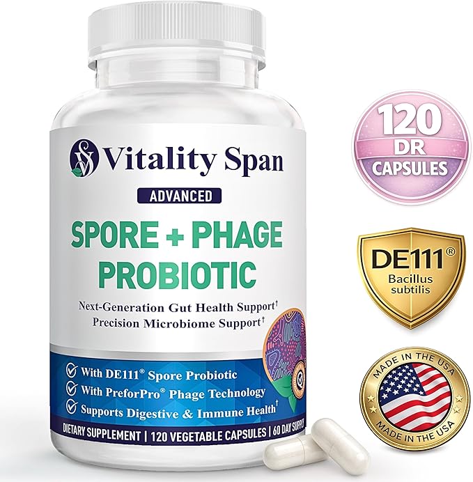 Spore Probiotic Capsules for Women &amp Men Bacillus Subtilis Plus Advanced Phage – Gut Health &amp Digestive Comfort Shelf-Stable Survives Stomach Acid – 120 Delayed Release Capsules