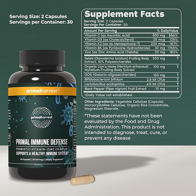 Primal Harvest Primal Immune Defense: 10-in-1 Immune Support with Probiotics Zinc Vitamins C B6 D3 &amp K2 Immune Booster for Adults 60 Capsules (2-Pack)