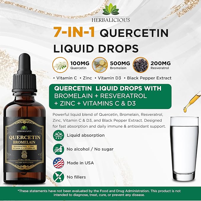 HERBALICIOUS Quercetin Bromelain Liquid with Resveratrol Zinc Vitamin C &amp D3 – Immune Support Drops – 4 fl oz (120 mL) – Fast Absorption – Non-GMO Dietary Supplement