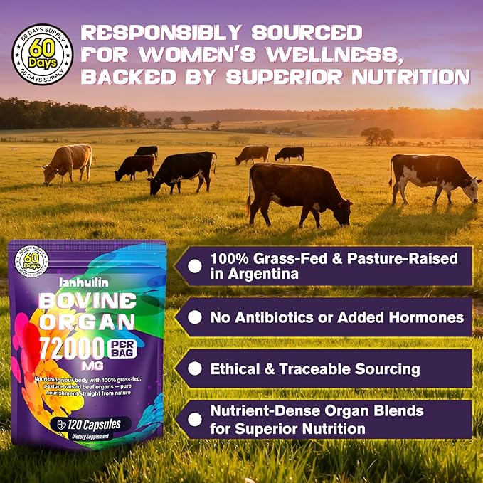 Beef Organ Supplement for Women - 100% Grass Fed Beef Organs with Bovine Liver Ovary Uterus Kidney Heart &amp Fallopian Tubes - PMS Menopause &amp Energy Immune &amp Mood Support 120 Count