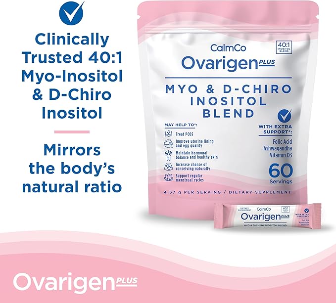 CalmCo Ovarigen Plus Myo-Inositol &amp D-Chiro Inositol Supplement for Women – 40:1 Powder with Folic Acid Ashwagandha &amp Vitamin D3 Fertility Supplements for PCOS Ovarian Support (60 Sachets)
