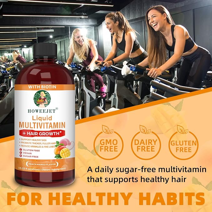 Liquid Multivitamin for Hair Growth | Biotin 10000mcg | Hair &amp Skin Support Supplement | Clinically Tested for Thicker Hair &amp Skin Elasticity | Suitable for Women &amp Men Ages 18+ | 15.22 F