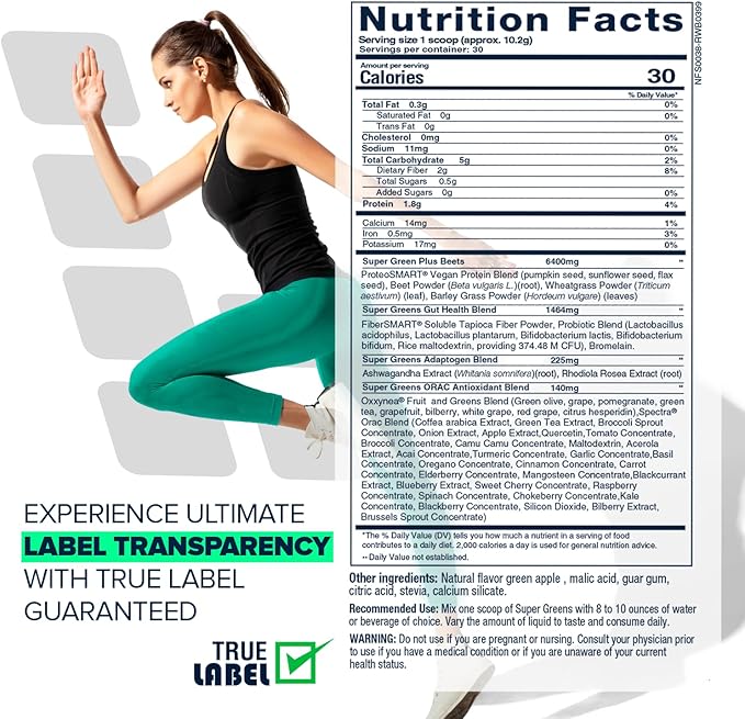 Super Greens Beet Infused Superfood Powder – Organic Green Superfoods Protein Antioxidants &amp Probiotics Supports Healthy Blood Pressure Digestion &amp Energy Boost (Green Apple 30 Servings)