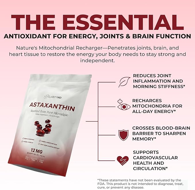Astaxanthin 12mg Antioxidants Supplement – Natural Microalgae Source – Lipid-Based Softgel for Enhanced Absorption – Cognitive Vision &amp Joint Support – 30 Softgels (Pack of 1)