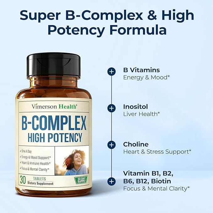 Vitamin B Complex with Vitamin B12 Niacin Vitamin B2 Vitamin B6 Folic Acid 400mcg. B Complex Vitamins for Women &amp Men. Aids Mood Energy Nervous System &amp Immune Support. High Potency. One