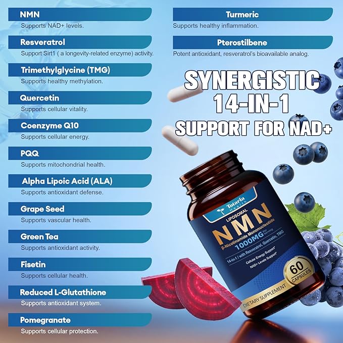 Totaria 2 Packs Liposomal NMN Supplement 1000mg 14-in-1 NMN Resveratrol Complex with CoQ10 TMG Quercetin ALA PQQ Support NAD Levels Cellular Energy &amp Healthy Aging cGMP Filler Free
