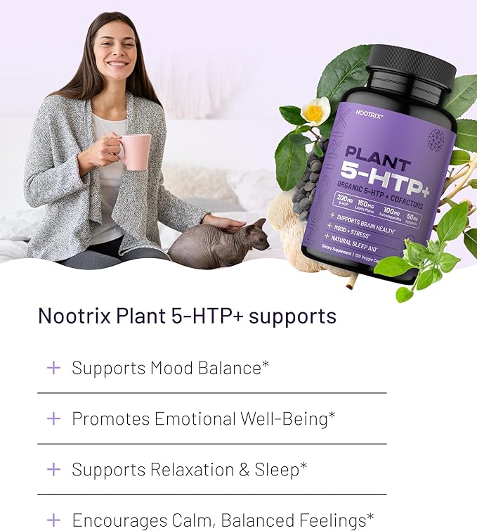 Nootrix Organic Plant 5 HTP+ Supplement | Supports Memory Mental Focus Cognitive Health &amp Energy | Promotes Healthy Mood &amp Brain Function | Vitamin B6 &amp L Theanine | 120 Capsules
