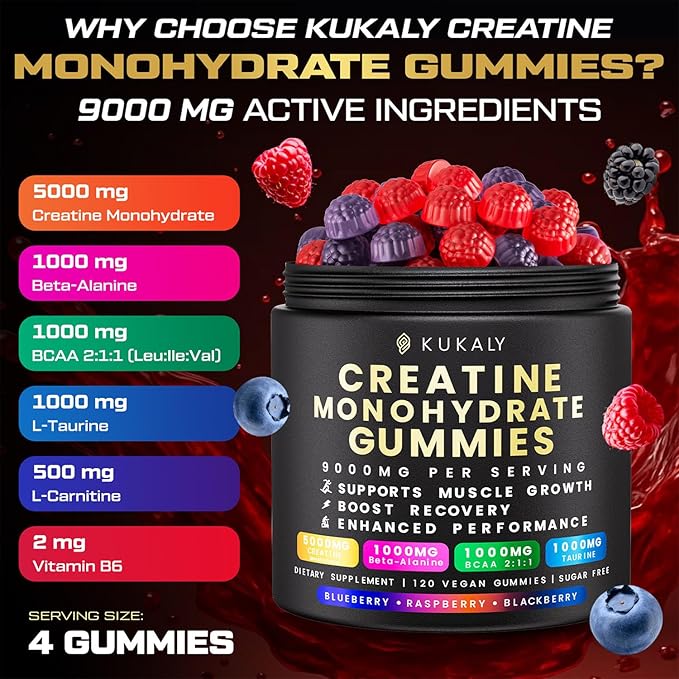 KUKALY Creatine Monohydrate Gummies for Men &amp Women 9000MG Creatine Gummies Sugar Free - Mixed Flavored with L-Taurine BCAA 2:1 B12 B6 for Boost Strength Focus &amp Endurance Vegan Non-GMO