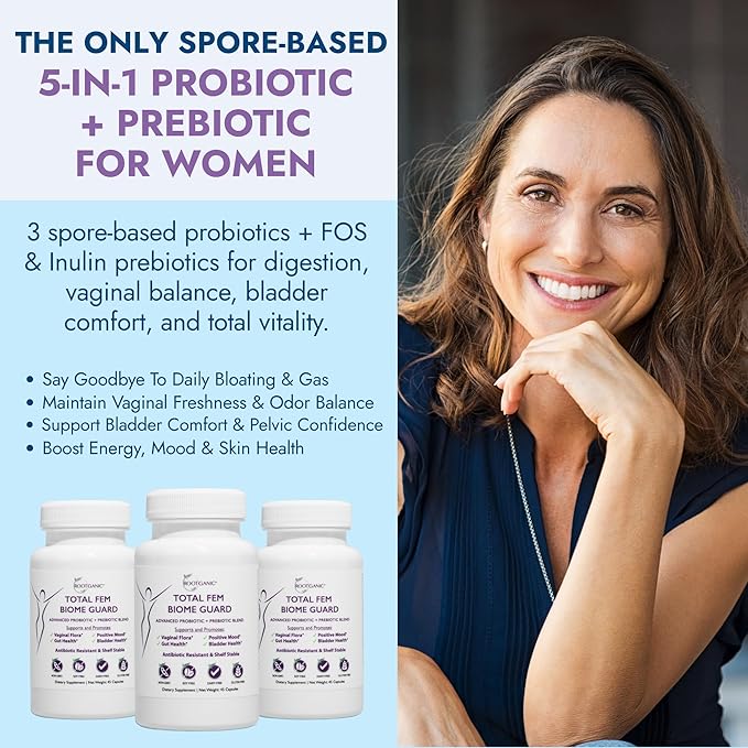 Total Fem Biome Guard Pre+Probiotics for Women - Spore-Based Women's Probiotic with Prebiotics for Superior Vaginal Health Supplement and Gut Support - 45 Servings