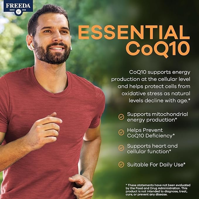 FREEDA CoQ10 100mg - Kosher Coenzyme Q10 Dietary Supplement for Cardiovascular Heart Health Blood Pressure Support Oral Gum Health and Healthy Aging - Pure CoQ10 Capsules 100 Count