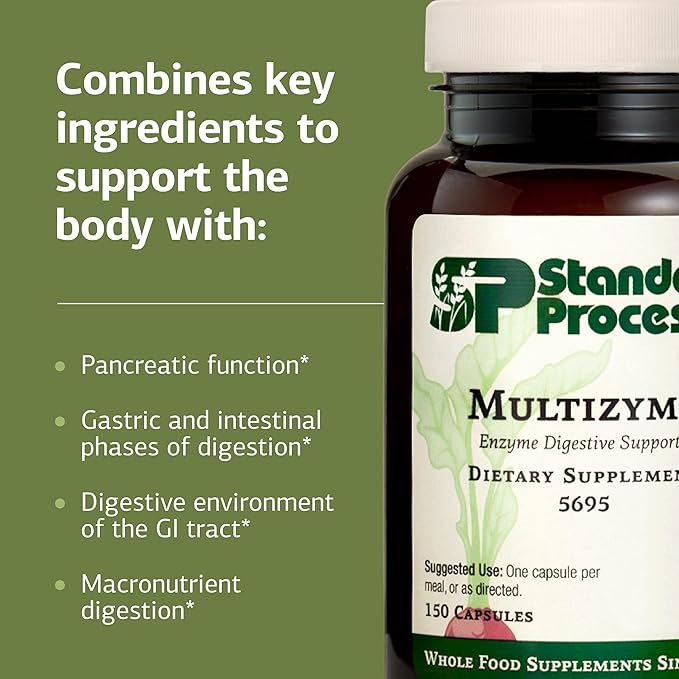 Standard Process Multizyme - Pancreatic Enzyme Supplement to Support the Breakdown of Proteins Carbohydrates &amp Fats - Digestive Support - Gluten-Free Non-Dairy &amp Non-Soy - 150 Capsules