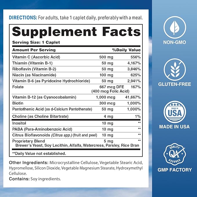Vitamin World Stress Vitamin B Complex with Vitamin C Timed Release High-Potency Vitamin B6 B12 Niacin Folate &amp Biotin for Stress Energy Metabolism &amp Immune Support Non-GMO 120 Caplets