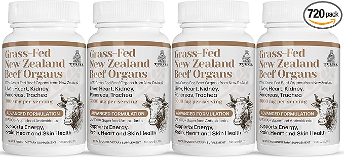 TURNER New Zealand 100% Live-Grass-Fed Beef Organs Complex Supports Whole Body Wellness and Energy with a Powerful Blend of Liver Heart Kidney Pancreas &amp Trachea Non-GMO 3000mg 720 Capsules