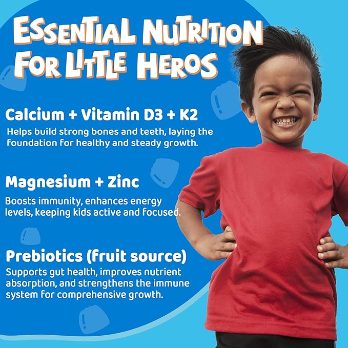 2 Pack - Calcium for Kids 400mg Sugar Free Kids Calcium Gummies w/Vitamin D3 K2 Magnesium Zinc Extra Absorption Algae Calcium for Children Bone Strength Development Chewable Kids Vitamins Vegan