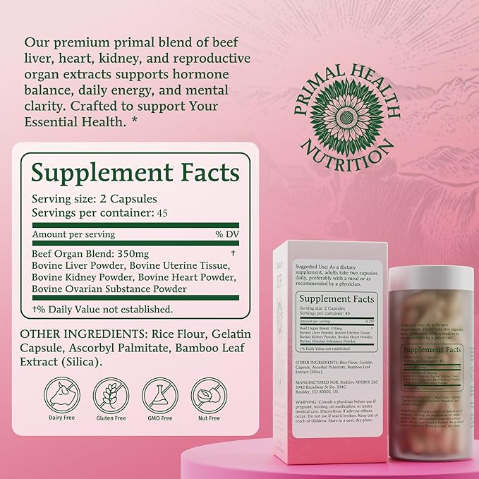 Beef Organ Supplement for Women – 100% Grass-Fed &amp Pasture Raised [Ovary Liver Spleen Kidney &amp Heart] Primal Nutrition for Hormone Support Energy &amp Wellness 90 Capsules