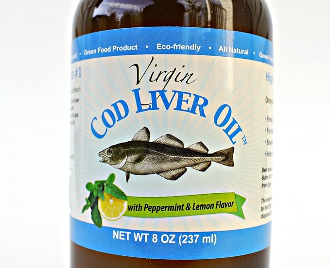 Virgin Cod Liver Oil - 8 Fl oz Natural Sustainably sourced Wild Caught &amp Fresh Tasting. High in Vitamin D Omega 3 DHA/EPA (Lemon and Peppermint Flavored)