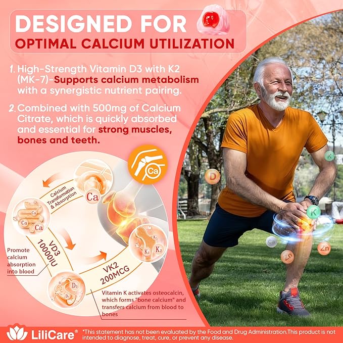 Vitamin D3 K2 Gummies 5000IU / 10000 IU with 500mg Calcium + K2(MK-7) 200mcg Magnesium Vitamin C &amp Zinc Extra Strength - Ultimate Absorbency for Bones Muscles Teeth Vegan 60 Count (Pack of