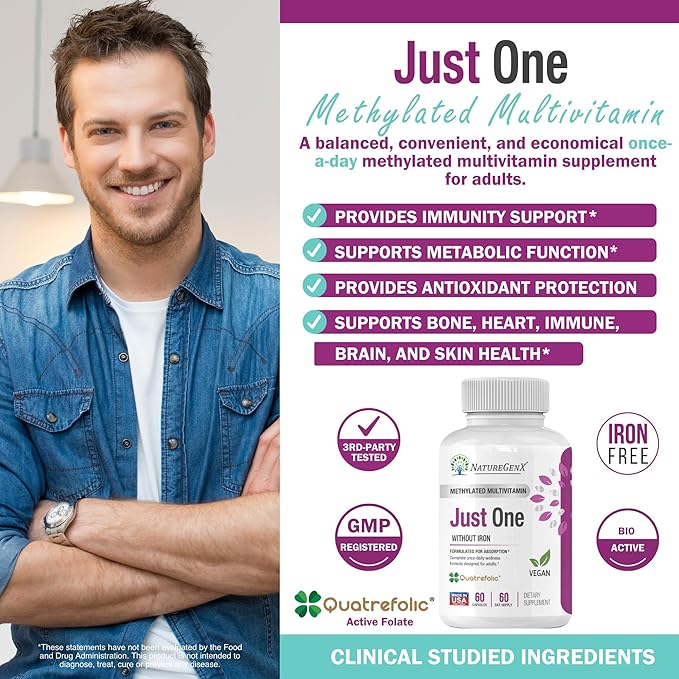 Just One Daily Methylated Multivitamin – Iron-Free with Methyl B12 &amp Methylfolate – Methylation Support for Men &amp Women – Vegan Gluten-Free Non-GMO – 60 Capsules (2-Month Supply)