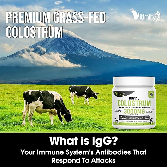 VITINITY Grass Fed Bovine Colostrum Powder for Humans 3000 mg - Natural IgG Colostrum Supplement Gut Health Immune Support Muscle Recovery Wellness | Pure Colostrum SuperfoodUnflavored 2 Pack