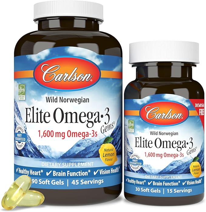 Carlson - Elite Omega-3 Gems 1600 mg Omega-3 Fatty Acids Including EPA and DHA Norwegian Fish Oil Supplement Wild Caught Sustainably Sourced Fish Oil Capsules Lemon 90+30 Softgels