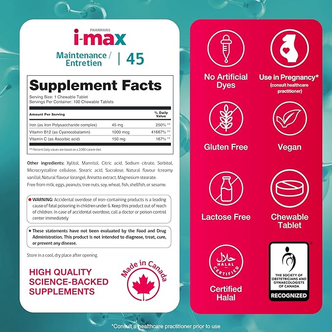 Pharmaris i-max Maintenance Iron Supplement 45mg Elemental Iron-Polyschaccaride Complex + Vitamin C &amp B12 Iron Supplement for Women &amp Men No Artificial Dyes Orange Flavor 100 Chewable Tab