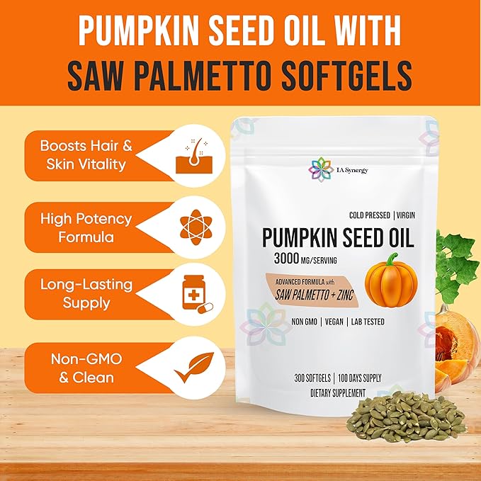 Pumpkin Seed Oil 3000mg 3-in-1 with Saw Palmetto and Zinc High-Potency Formula for Hair Skin Rich in Phytosterols &amp Fatty Acids Prostate Health Urinary Tract Support - 300 Counts