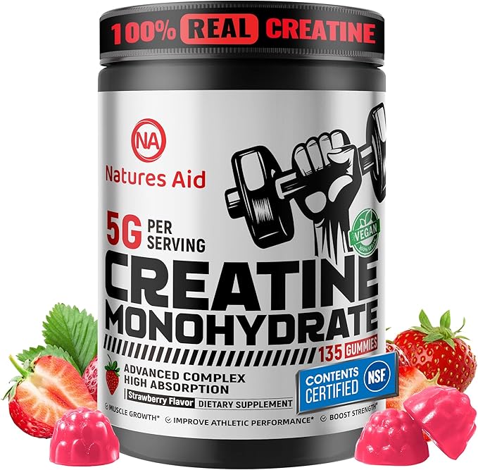 Natures Aid NSF Certified Creatine Gummy 5g - Creatine Monohydrate Gummies – Pre-Workout Energy &amp Muscle Growth Support for Men &amp Women | Strawberry Electrolyte Gummies (135 Count)