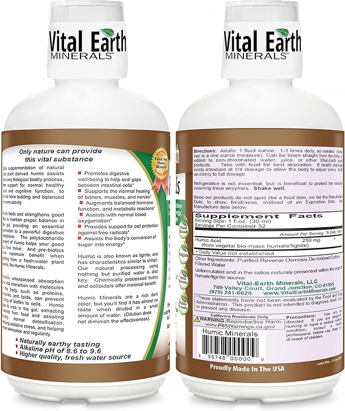 Vital Earth Minerals Humic Minerals – Fulvic Acid Supplement with 70+ Trace Minerals Electrolytes for Recovery &amp Balance 32 Oz + 1 Oz Cup