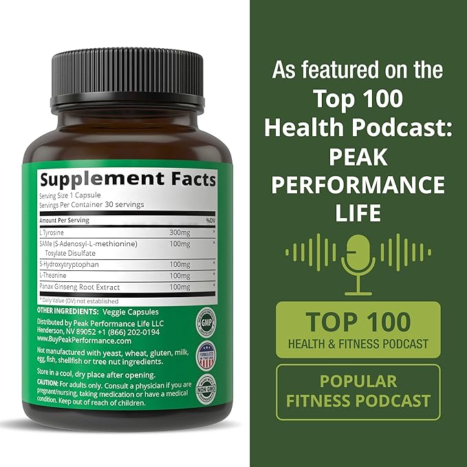 Peak Performance Mood Support Supplement with 5 Top Ingredients: 5HTP SAM e L Tyrosine L Theanine and Panax Ginseng. Calm Focus Relaxation Supplements. Vegan